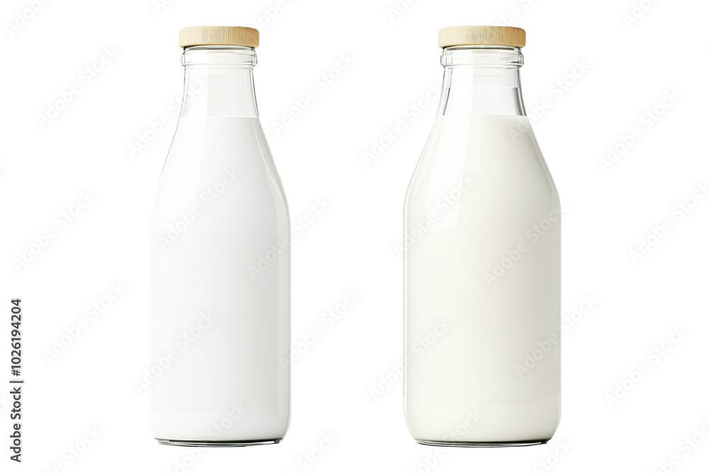Milk bottles with golden caps aligned in a row, isolated on white background. Concept of dairy products and freshness. Milk bottles with golden caps aligned in a row, isolated on white background. Concept of dairy products and freshness.