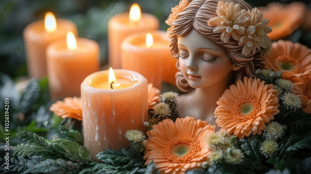 A small altar figurine with candles and flowers isolated on white background. A small altar figurine with candles and flowers isolated on white background.
