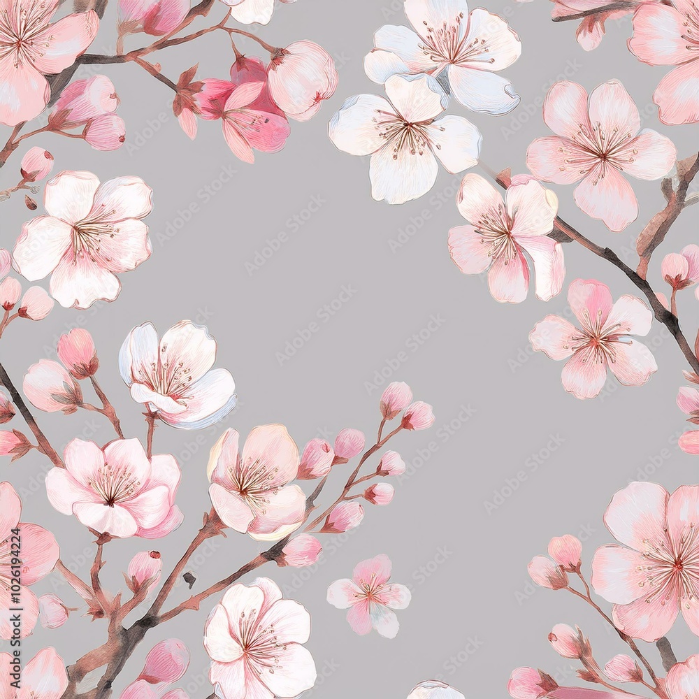 Watercolor cherry blossoms in soft pink and white, scattered on a light gray background wallpaper art Watercolor cherry blossoms in soft pink and white, scattered on a light gray background wallpaper art