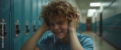 Young boy in distress covering ears in school hallway