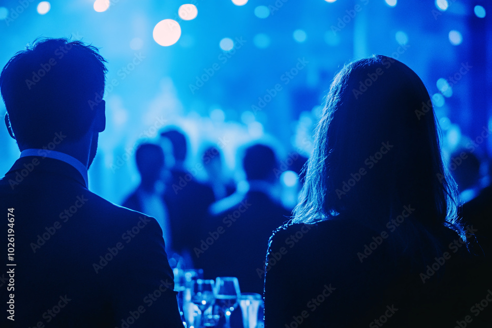 Obraz premium An elegant crowd at a social event under moody blue lighting, featuring silhouettes in formal attire, creating a refined ambiance 