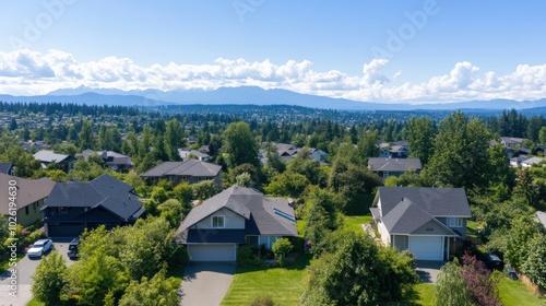 Aerial view of suburban homes, surrounded by trees and mountains in the background.