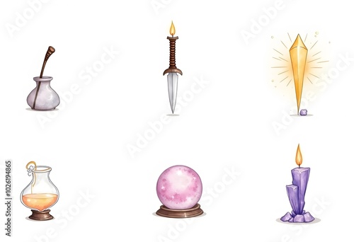Mystical magic and witchcraft items watercolor vector set isolated elements