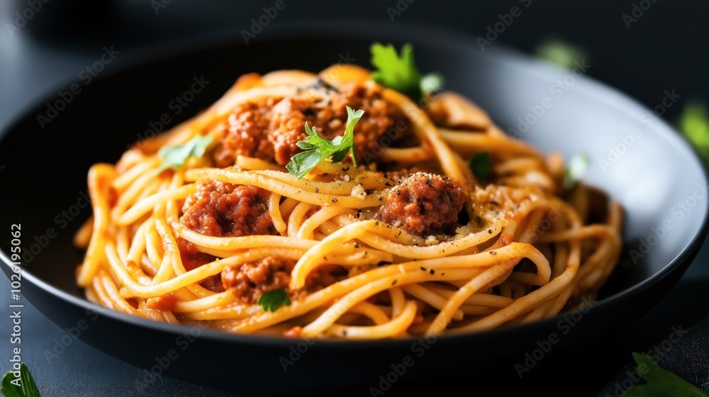 Close-up of spaghetti with meat sauce and herbs in a black bowl on a dark background Close-up of spaghetti with meat sauce and herbs in a black bowl on a dark background