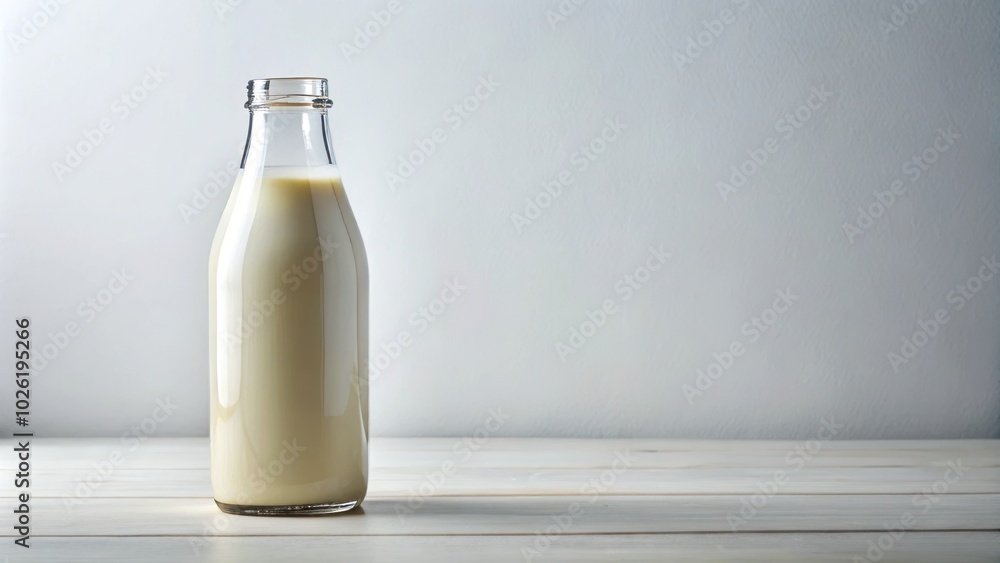Breathtaking panoramic shot of a single milk bottle against a crisp white backdrop, highlighting the essence of fresh dairy products in an elegant presentation. Breathtaking panoramic shot of a single milk bottle against a crisp white backdrop, highlighting the essence of fresh dairy products in an elegant presentation.