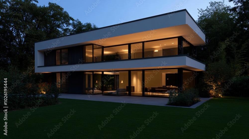 Modern house exterior at dusk with illuminating lights and green landscape. Modern house exterior at dusk with illuminating lights and green landscape.