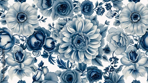 Seamless floral pattern with a variety of flowers in shades of blue, pattern, floral, wallpaper, design, flower, background, nature, art, summer, garden
