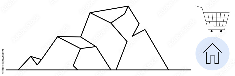 Geometric mountains with line art style are featured prominently. Includes a shopping cart and home icon. Ideal for modern design, simplicity, minimalism, e-commerce, real estate. Simple line style Geometric mountains with line art style are featured prominently. Includes a shopping cart and home icon. Ideal for modern design, simplicity, minimalism, e-commerce, real estate. Simple line style