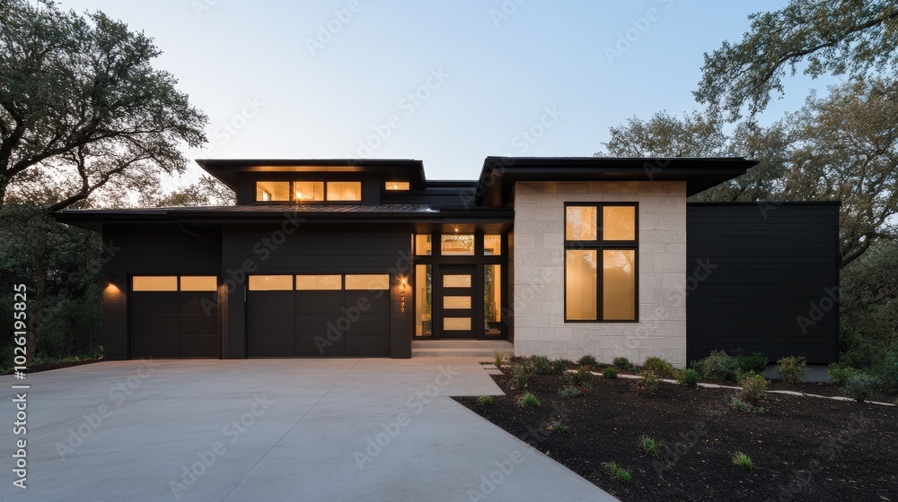 Modern house exterior with sleek design and glowing windows at twilight. Modern house exterior with sleek design and glowing windows at twilight.