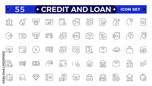 Credit and Loan Outline icons collection. Big UI icon set in a flat design. Credit card, deposit, car leasing, rate interest, calculator, income, rating, collection. Loan, banking, money, calculation.