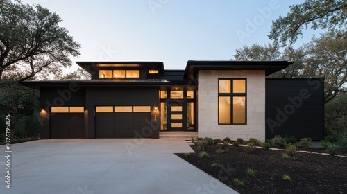 Modern house exterior with sleek design and glowing windows at twilight. photo