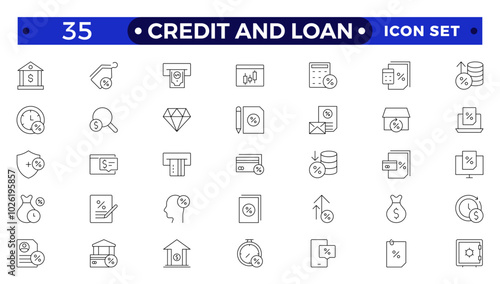 Credit and Loan Outline icons collection. Big UI icon set in a flat design. Credit card, deposit, car leasing, rate interest, calculator, income, rating, collection. Loan, banking, money, calculation.
