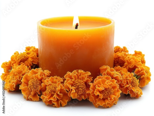 A traditional Mexican candle with marigold decorations isolated on white background.  photo