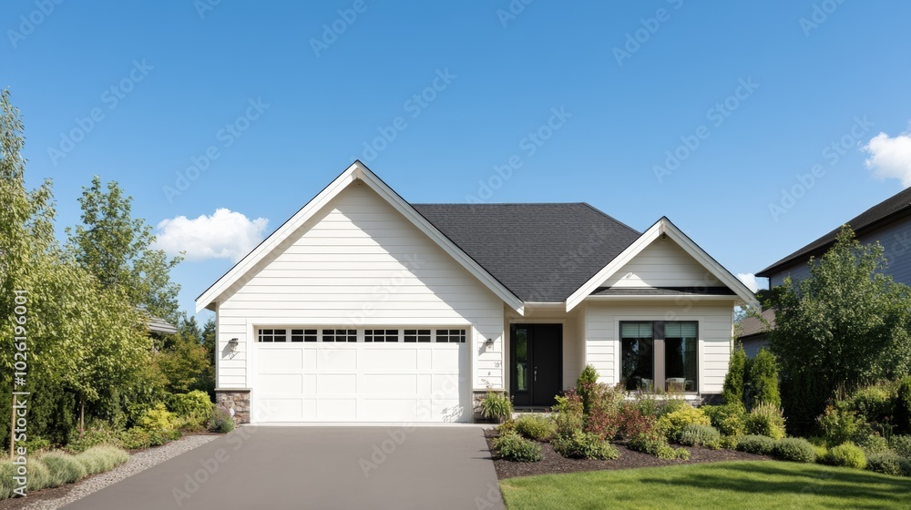 Modern house with a garage and landscaped yard, blue sky in the background. Modern house with a garage and landscaped yard, blue sky in the background.
