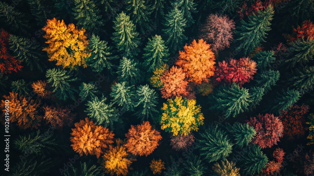 Aerial view of a forest covered in vibrant autumn foliage. Aerial view of a forest covered in vibrant autumn foliage.