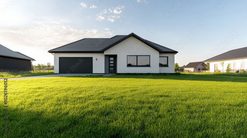 Modern house with a lush lawn, including a garage and large windows. Modern house with a lush lawn, including a garage and large windows.