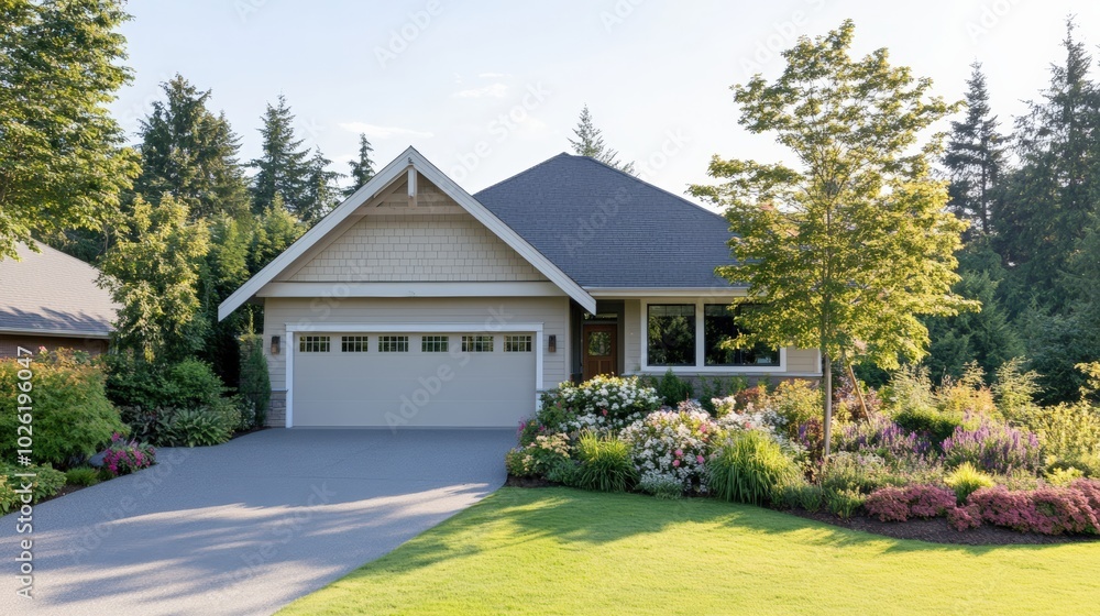 Modern house with beautiful garden and driveway, surrounded by trees. Modern house with beautiful garden and driveway, surrounded by trees.