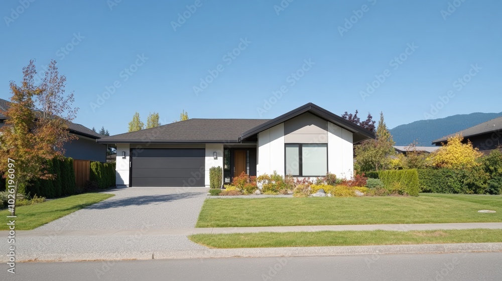 Modern house with garden, clear blue sky, and well-maintained landscape. Modern house with garden, clear blue sky, and well-maintained landscape.