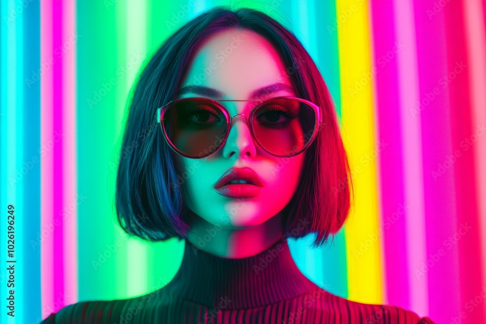 Stylish woman with short hair and sunglasses, posing in front of a vibrant, neon-lit background, creating a modern and futuristic vibe. Stylish woman with short hair and sunglasses, posing in front of a vibrant, neon-lit background, creating a modern and futuristic vibe.