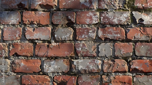 Textured urban brick wall with weathered red and gray bricks showcasing rustic charm and urban decay in a city environment