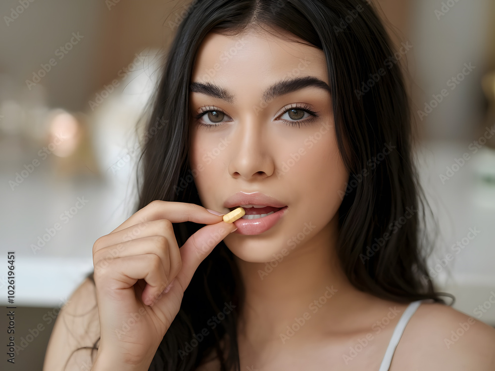 Una hermosa mujer sensual sosteniendo una pastilla cerca de su hermosa boca
Una hermosa mujer sensual sosteniendo una pastilla cerca de su hermosa boca