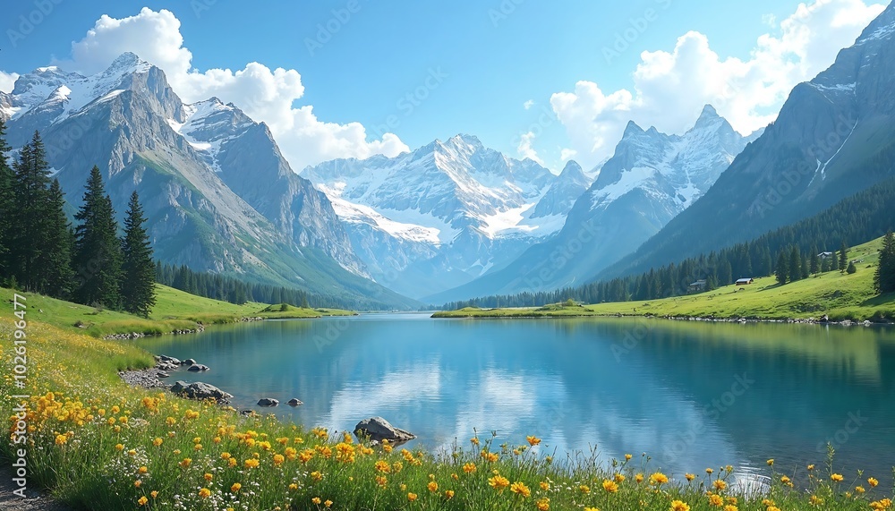 Fototapeta premium A peaceful mountain landscape with a clear blue sky, green valleys, and a calm lake reflecting the scene