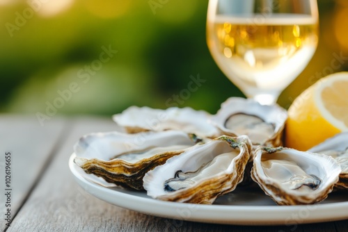 A plate of fresh oysters served with lemon and two glasses of white wine, set against a scenic waterfront view. photo