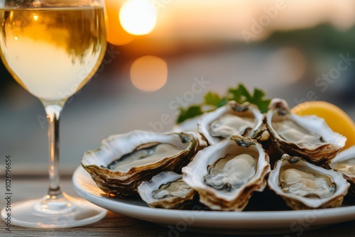 A plate of fresh oysters served with lemon and two glasses of white wine, set against a scenic waterfront view. photo