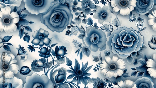 Seamless floral pattern with a variety of flowers in shades of blue, pattern, floral, wallpaper, design, flower, background, nature, art, summer, garden