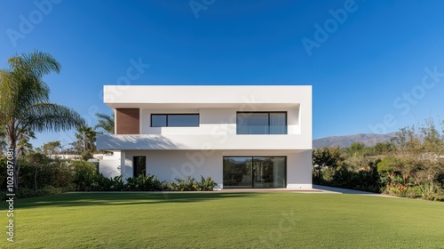 Modern white house with large windows and lush green lawn under a clear blue sky.