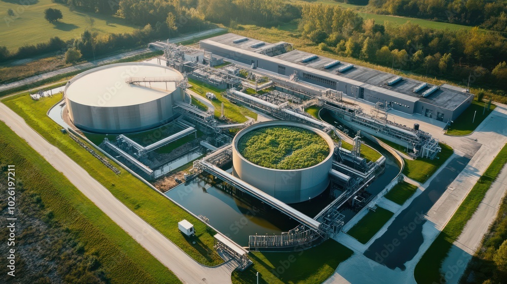 Obraz premium An eco-friendly waste treatment plant focusing on reducing emissions and maximizing resource recovery.