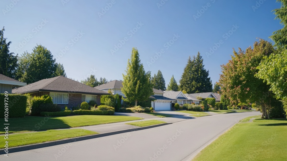 Residential street lined with houses and trees under a clear blue sky. Residential street lined with houses and trees under a clear blue sky.