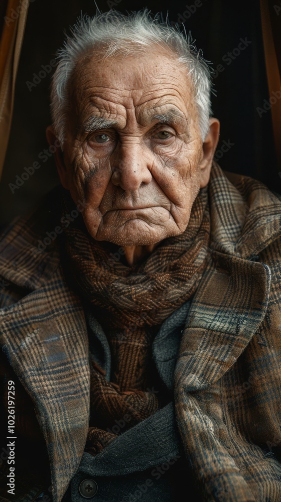 Portrait of an elderly man wearing a plaid coat and scarf, looking into the camera. Portrait of an elderly man wearing a plaid coat and scarf, looking into the camera.