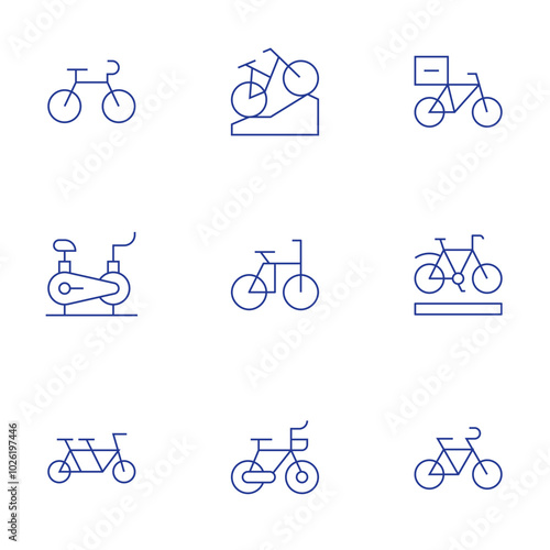 Bicycle icons set. Thin Line style, editable stroke. stationary bike, bicycle, mountain bike, delivery bike, bike, bike lane