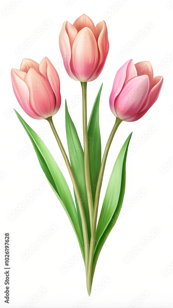 Pink flowers and tulips bouquet with green leaves, spring theme Pink flowers and tulips bouquet with green leaves, spring theme