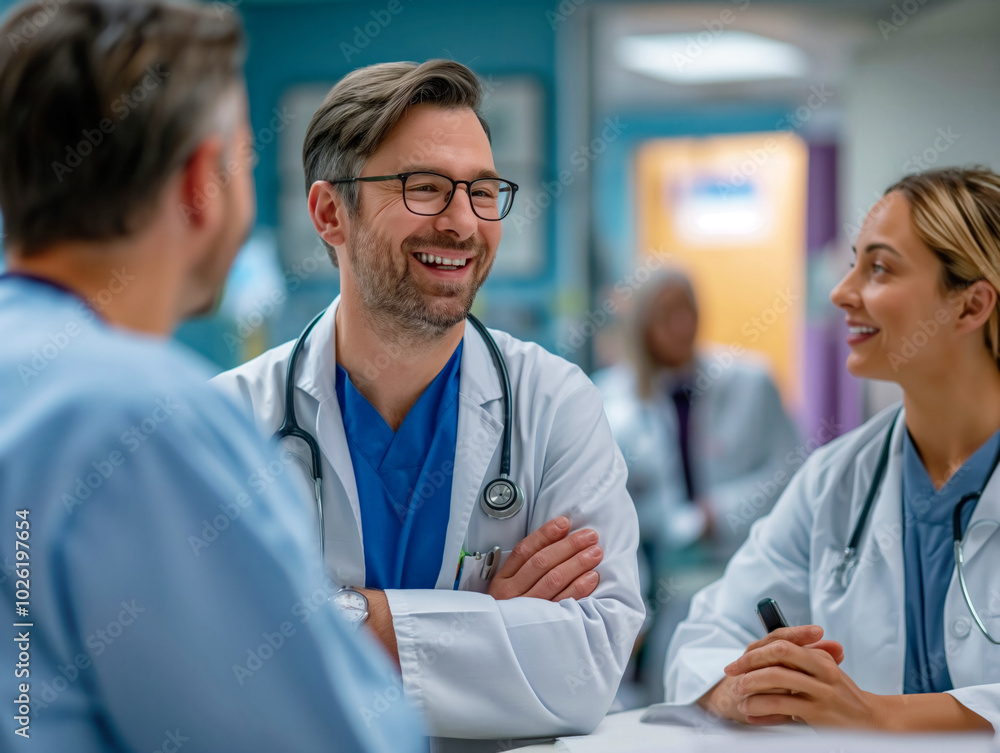 Three doctors are smiling and laughing together. They are wearing white coats and blue scrubs. Scene is happy and friendly