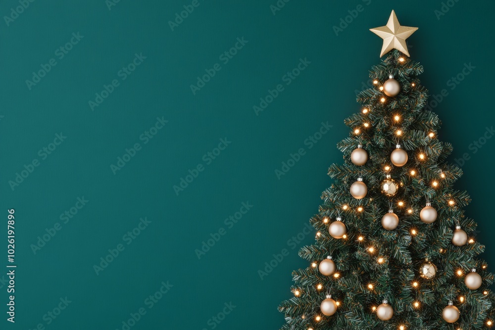 Decorated Christmas tree with golden ornaments and a star topper, glowing lights, on a green background. Decorated Christmas tree with golden ornaments and a star topper, glowing lights, on a green background.