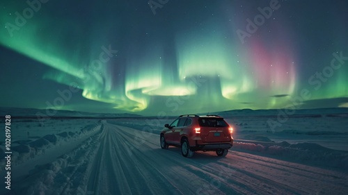 Vehicle Under Northern Lights on Snowy Road, car, road, vehicle, snow, nature, traffic, snowy