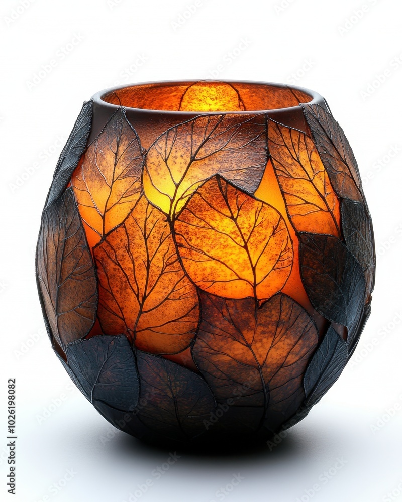 A Thanksgiving-themed candle holder with autumn leaves isolated on white background. A Thanksgiving-themed candle holder with autumn leaves isolated on white background.