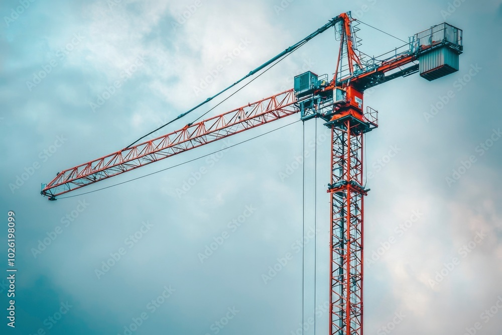 A Red Construction Crane Against a Cloudy Sky A Red Construction Crane Against a Cloudy Sky