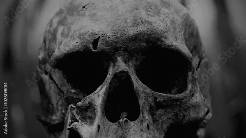 Face of death. Theme of life and death, past and present, approaching of death. Human skull. Bones of skull of human. 4K video in retro style with cinema effects, old filming photo