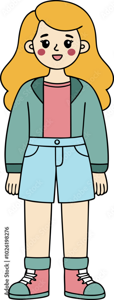 Cute cartoon girl character in colorful casual outfit with blonde hair Cute cartoon girl character in colorful casual outfit with blonde hair