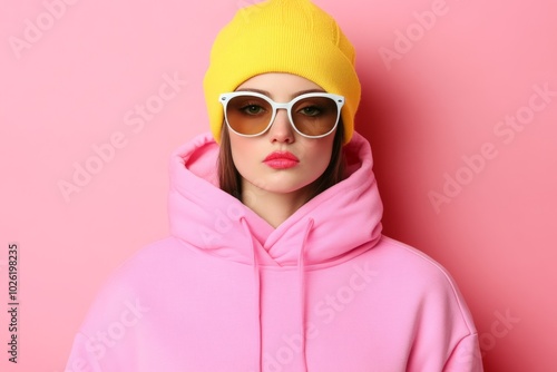 Person dressed in a yellow ski jacket, white helmet, and ski goggles on a pink background, ready for winter sports. photo