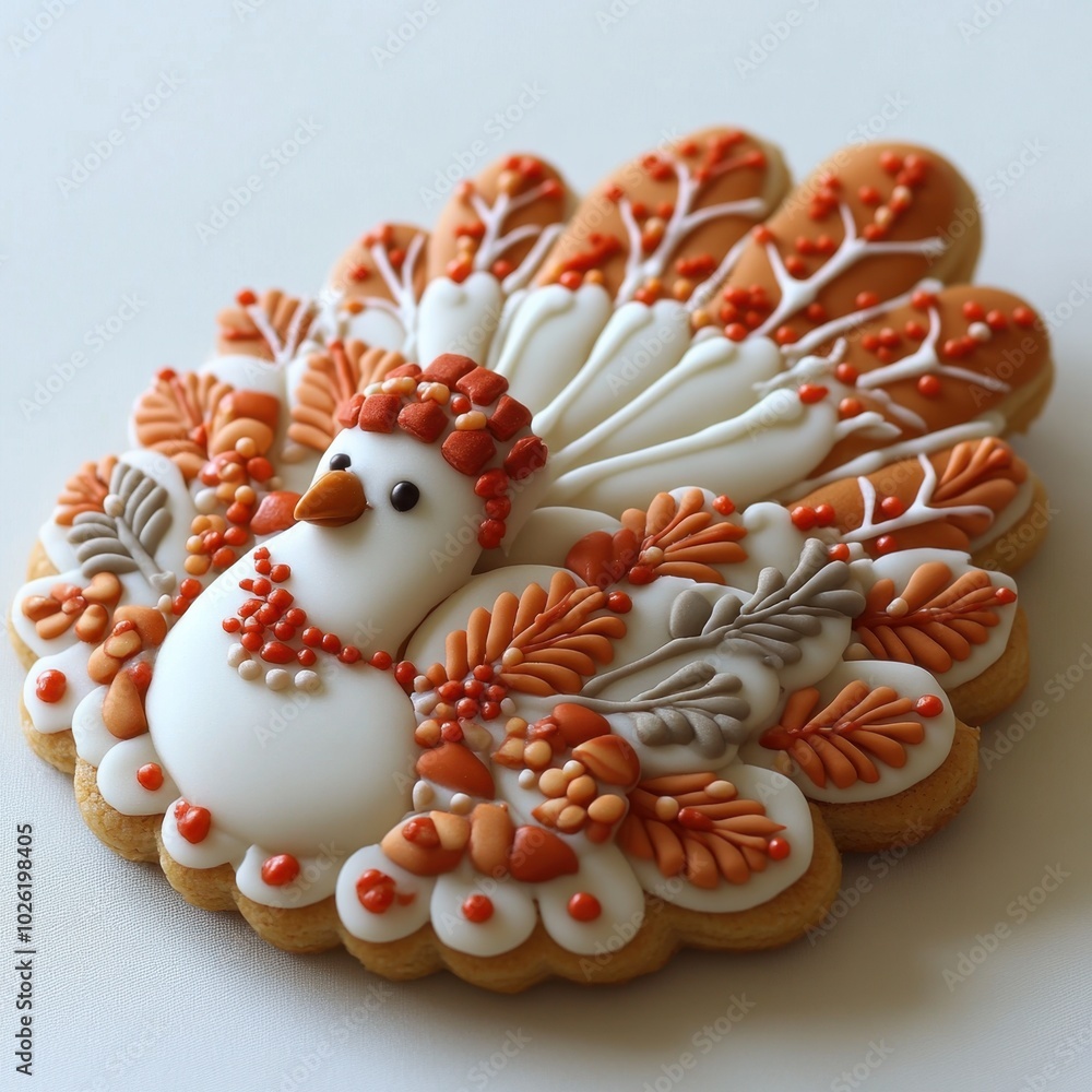 A Thanksgiving-themed cookie in the shape of a turkey isolated on white background. A Thanksgiving-themed cookie in the shape of a turkey isolated on white background.