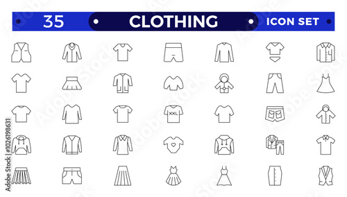 Clothes outline icons set. Sweatshirt, hoody, pullover, bath suit, jacket, evening dress, cardigan, trousers visualization vector illustration. Outline signs of fashion apparel.