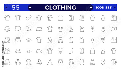 Clothes outline icons set. Sweatshirt, hoody, pullover, bath suit, jacket, evening dress, cardigan, trousers visualization vector illustration. Outline signs of fashion apparel.