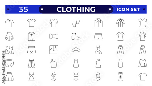 Clothes outline icons set. Sweatshirt, hoody, pullover, bath suit, jacket, evening dress, cardigan, trousers visualization vector illustration. Outline signs of fashion apparel.