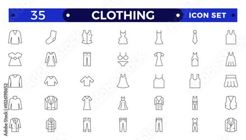 Clothes outline icons set. Sweatshirt, hoody, pullover, bath suit, jacket, evening dress, cardigan, trousers visualization vector illustration. Outline signs of fashion apparel.