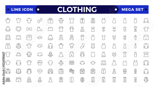 Clothes outline icons set. Sweatshirt, hoody, pullover, bath suit, jacket, evening dress, cardigan, trousers visualization vector illustration. Outline signs of fashion apparel.