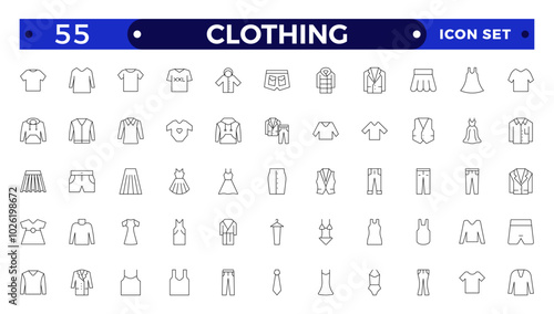 Clothes outline icons set. Sweatshirt, hoody, pullover, bath suit, jacket, evening dress, cardigan, trousers visualization vector illustration. Outline signs of fashion apparel.